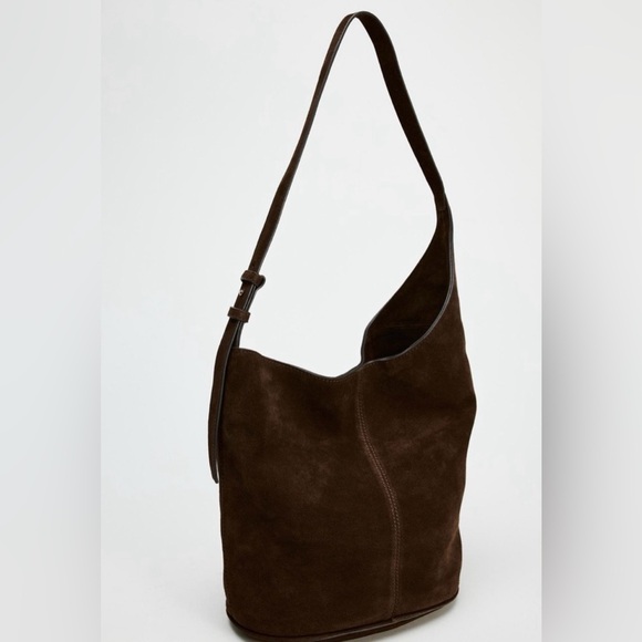 Zara Asymmetric Chocolate Suede Shoulder Hobo Bag in Dark Brown - Picture 3 of 14